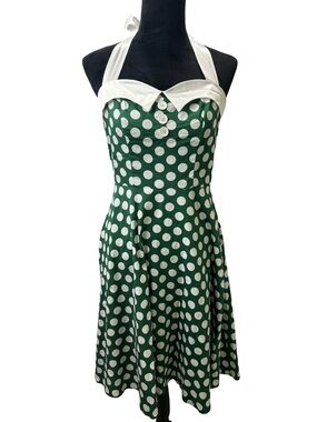 Dressystar Green and White Polka Dot Halter 1950 swing dress size M